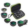 Black 6-in-1 universal smartphone camera lens kit with fisheye, wide-angle, macro, and telephoto lenses in an EVA case.