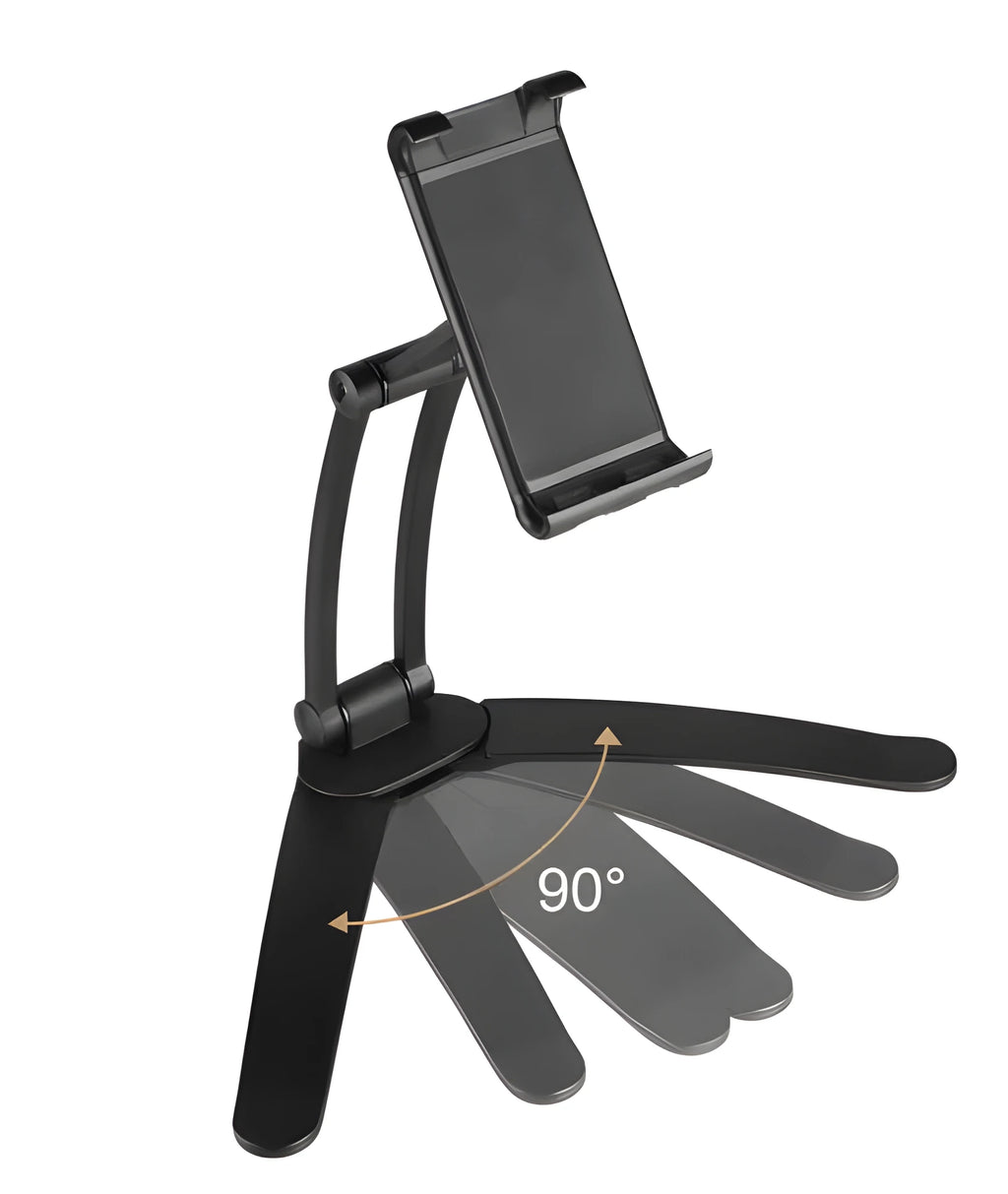 Silver aluminium alloy desktop tablet stand holding a tablet, showing its 360-degree rotation and adjustable chuck mechanism.
