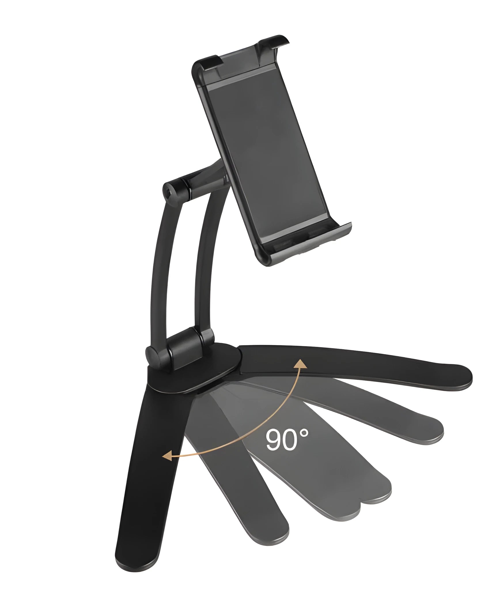 Silver aluminium alloy desktop tablet stand holding a tablet, showing its 360-degree rotation and adjustable chuck mechanism.