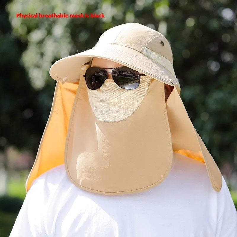 Men's khaki sun hat with built-in USB fan, face covering, and extended neck protection shawl.