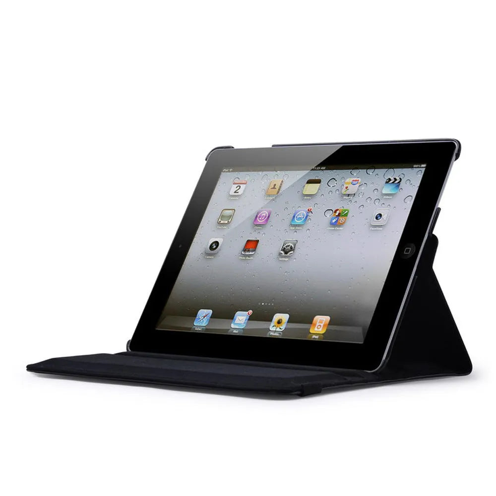iPad rotating leather-look case in multiple colours showing 360-degree swivel function and clam shell design