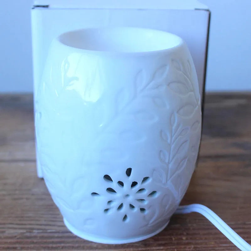 White porcelain ceramic aroma lamp with glazed pavilion pattern, incense burner and hanging ornament in EU and UK sizes.