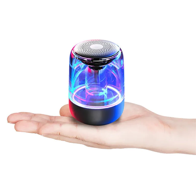 C7 portable Bluetooth speaker in black with variable colour LED light and control buttons