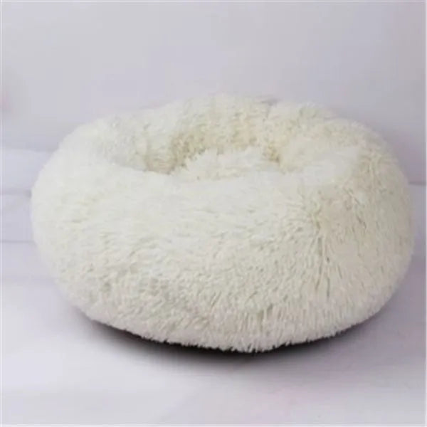 Round long hairy cat bed in plush fabric with anti-slip bottom for autumn and winter