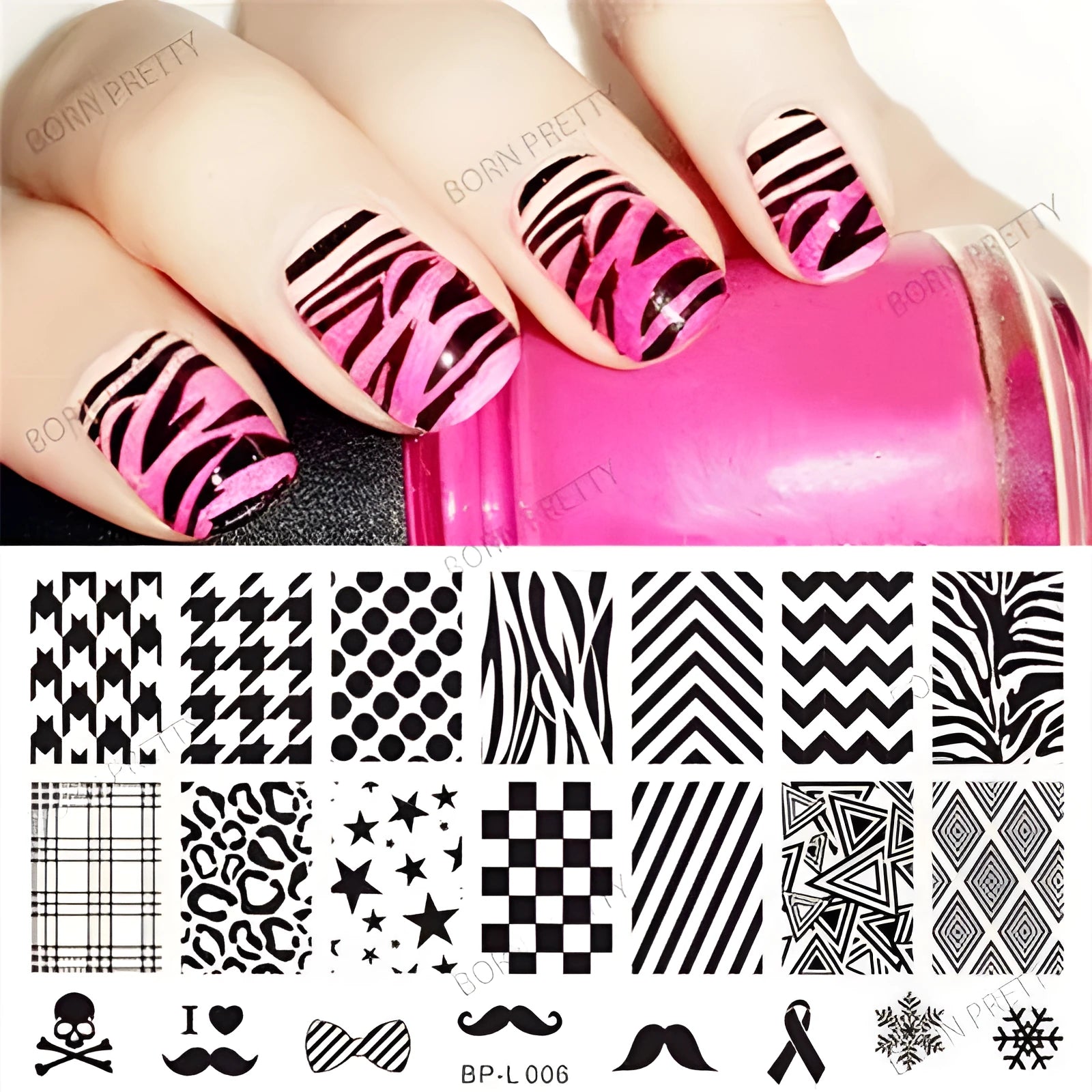 Nail art stamping set with 304 stainless steel plate 12x6cm and white bottom plate on blue protective film