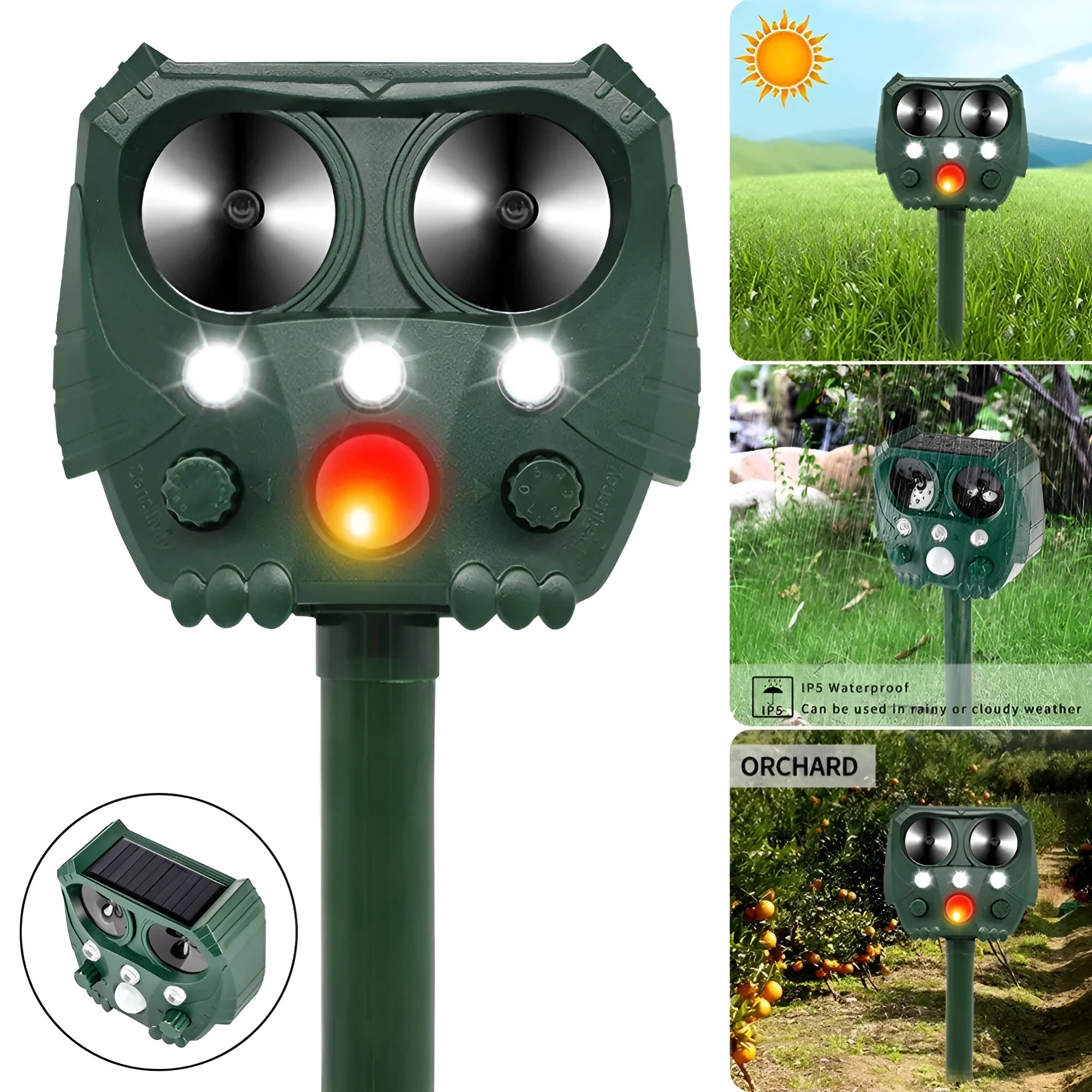 Green solar-powered ultrasonic animal repeller with LED strobe lights for outdoor pest control.