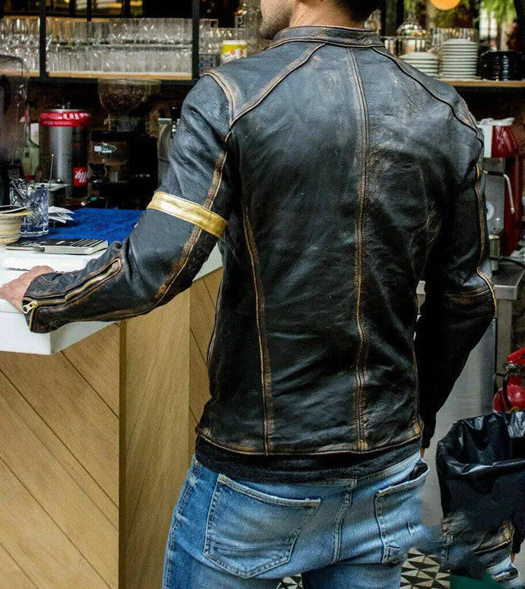 Men's punk motorcycle leather jacket with zipper front and stand collar in black artificial leather