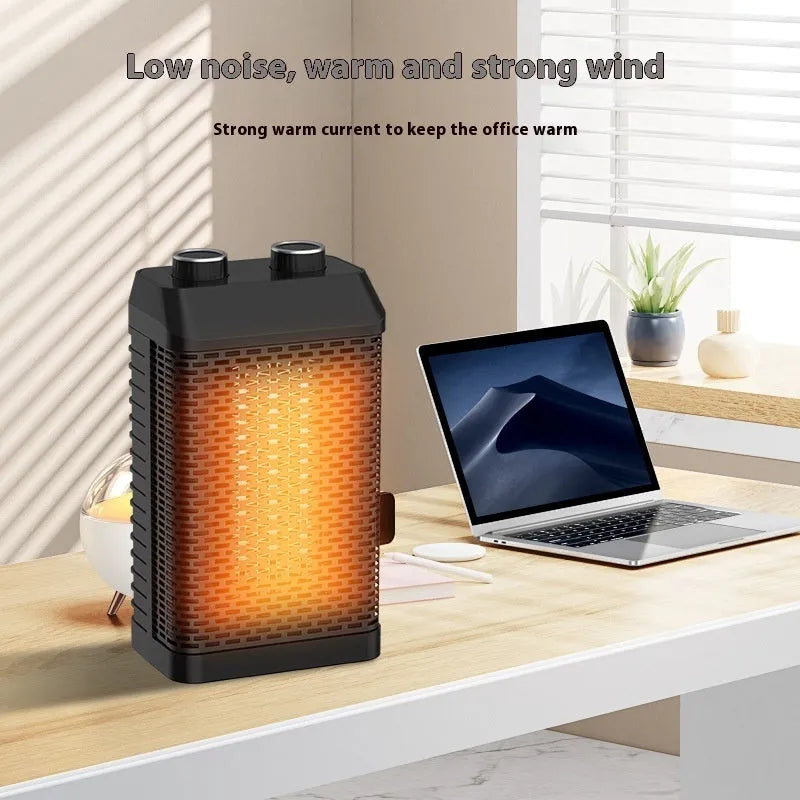 Black desktop electric heater with remote control on a wooden desk