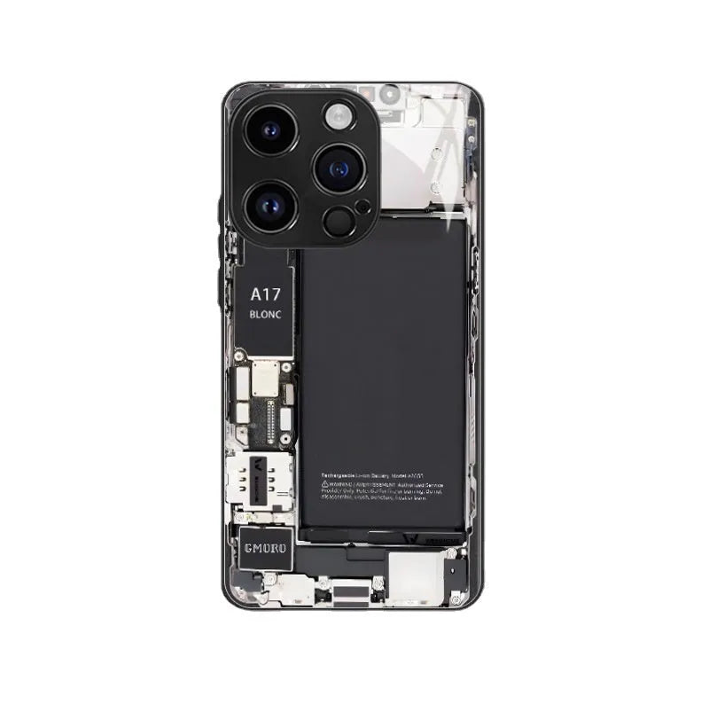 Black glass phone case with creative circuit board design and included lens protector for iPhone