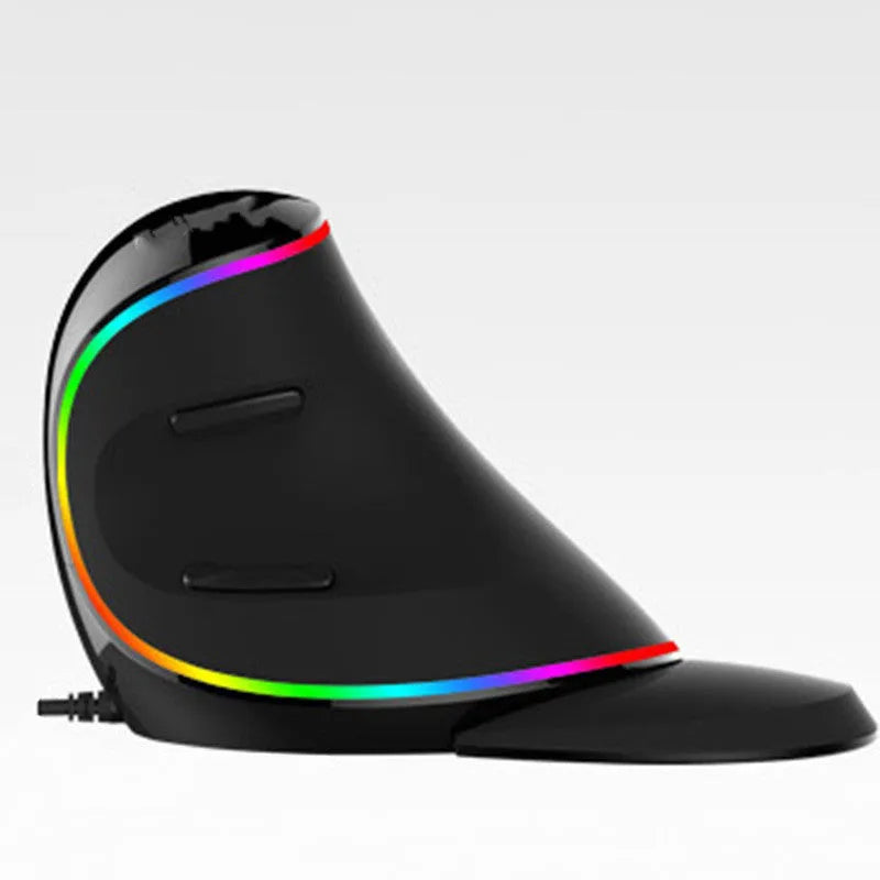 Vertical ergonomic wired mouse with RGB lighting, USB cable, and five DPI settings, shown in one of three styles.