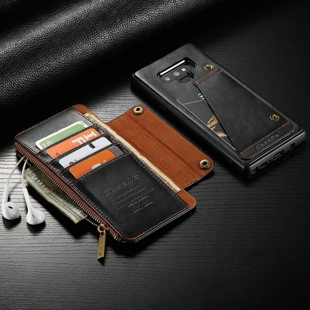 Black PU leather flip phone case for SAMSUNG Note9 showing front and back views