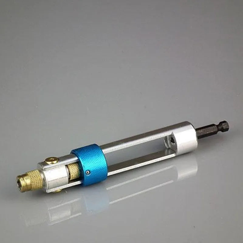 Half Time Drill driver with swivel head next to set of 18 Phillips, flathead, and countersink bits