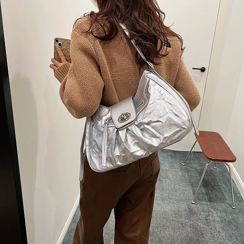 Women's PU crossbody bag, horizontal square, 30cm x 26cm x 13cm, single strap, black silver or white.