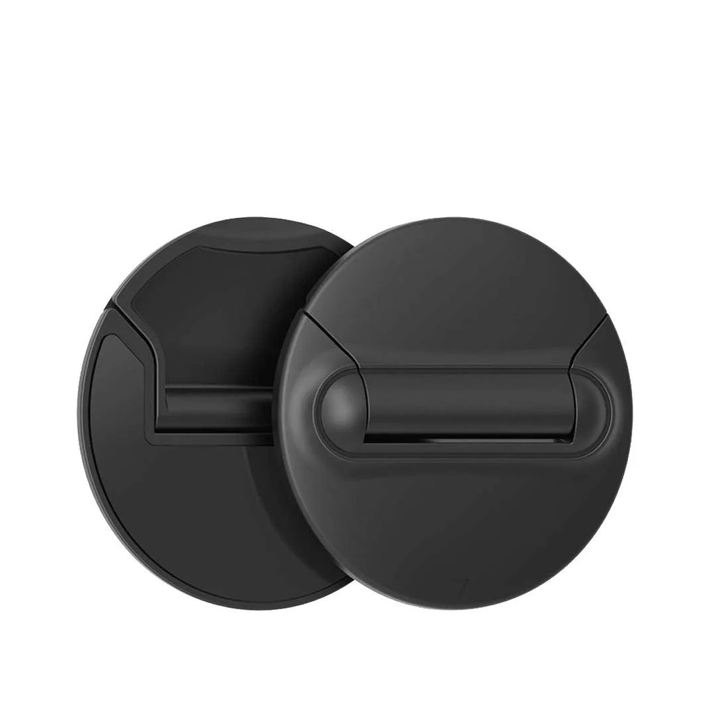Two black ABS adjustable mini portable laptop stands on a desk under a silver laptop