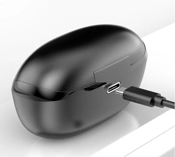 Black and white wireless in-ear Bluetooth headphones with a compact charging case.
