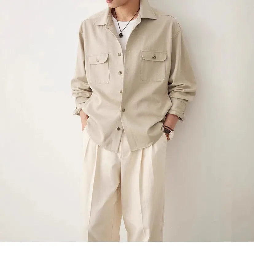 Men's simple lapel shirt in chemical fibre blend, shown in light sand rice colour