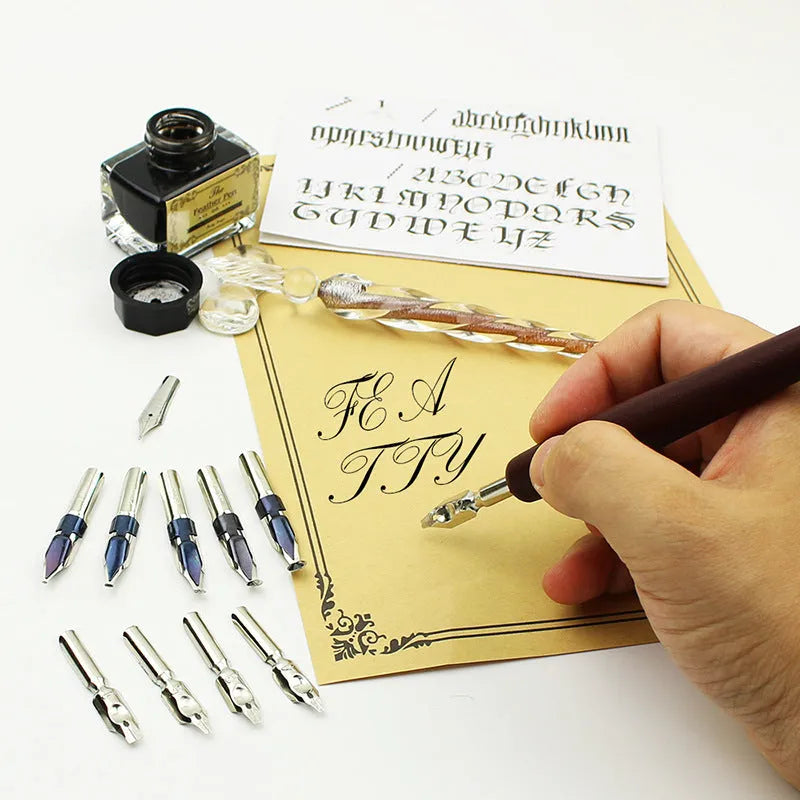 Handmade glass dip pen with wooden handle and stainless steel nib in gift box for Valentine's Day