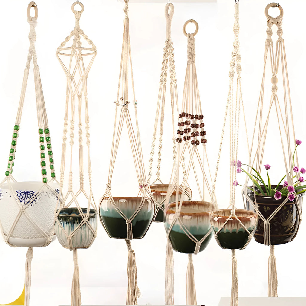 Cotton rope woven wire plant holder with rustic design for hanging or desktop display