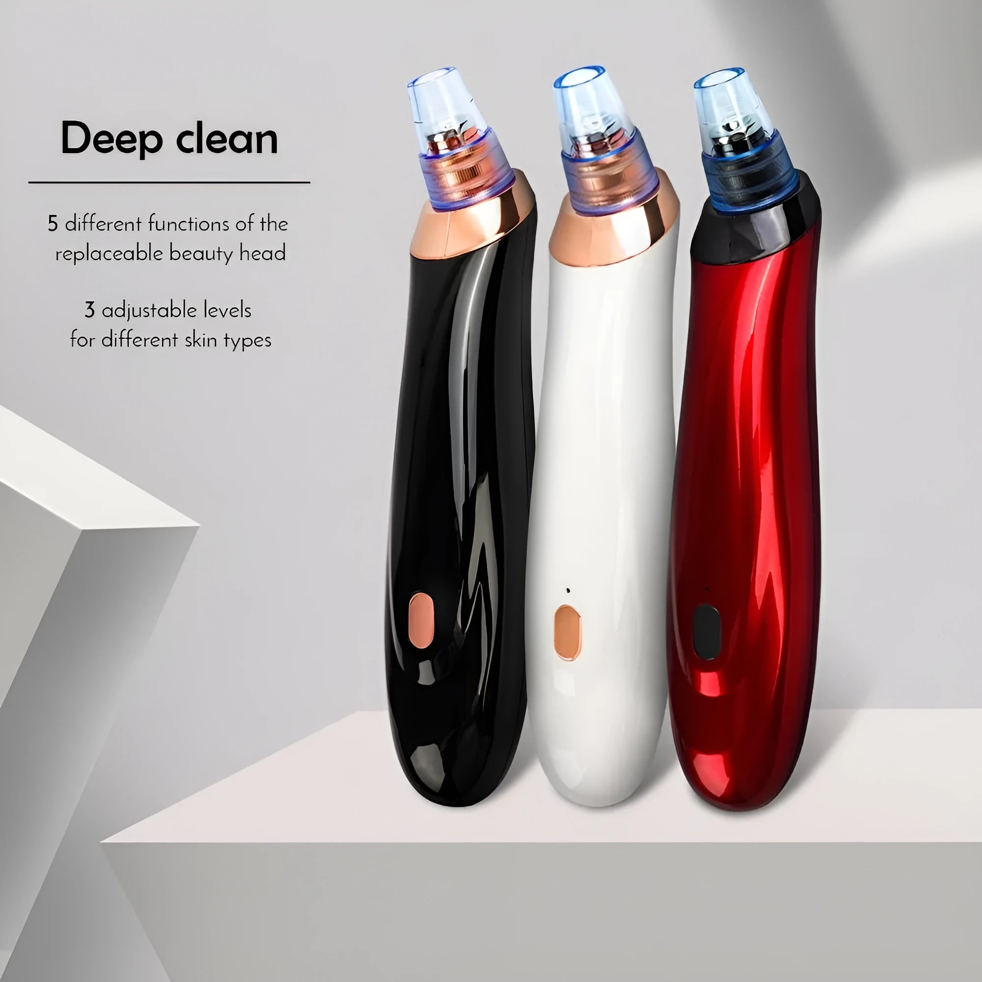 Handheld electric blackhead remover pore cleaner tool in black, gold, red, or white colour.