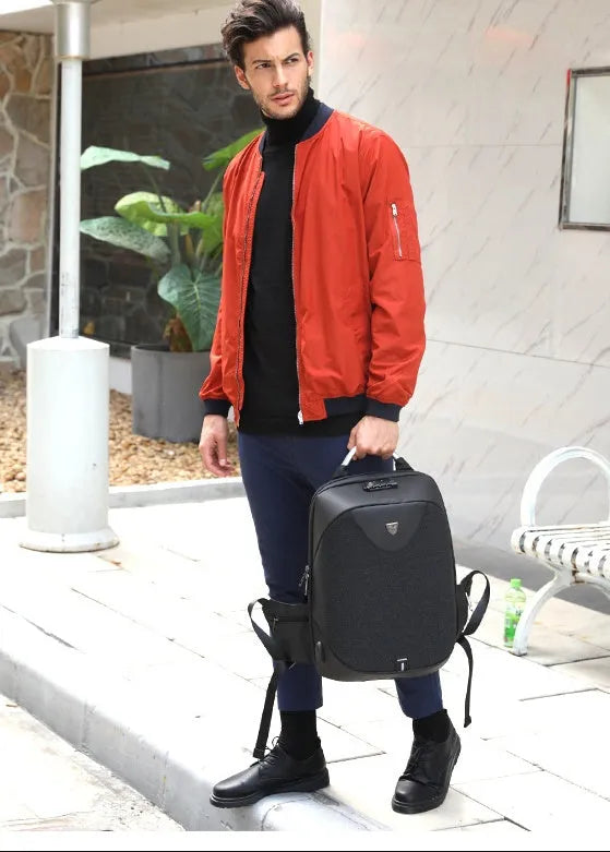 Men's anti-theft double shoulder bag polyester 15.6 inch laptop backpack black