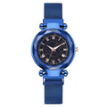 Roman starry dial quartz watch, 33mm round metal case, metal strap, magnetic iron buckle, black blue red silver