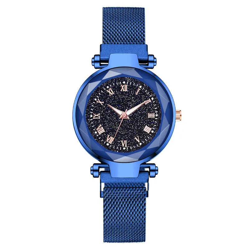 Roman starry dial quartz watch, 33mm round metal case, metal strap, magnetic iron buckle, black blue red silver