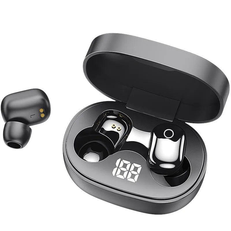 Bluetooth headset with charging box showing true power display window, available in black and white