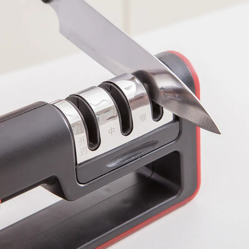 Professional black and red 3-stage knife sharpener with non-skid rubber feet