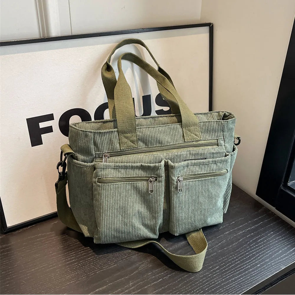 Large capacity women's simple shoulder messenger bag in soft corduroy, horizontal square shape, beige colour, 37x25x14cm