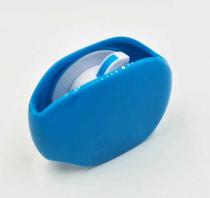 Compact automatic earphone winder in multiple colours on a grey background, showing extended cable.