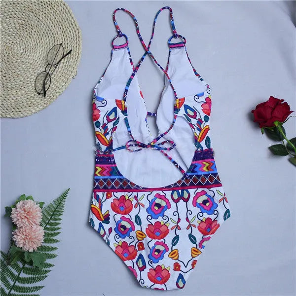 Bandage one-piece swimsuit with floral pattern, open back, chest pad, polyester and cotton lining, sizes S-XL.