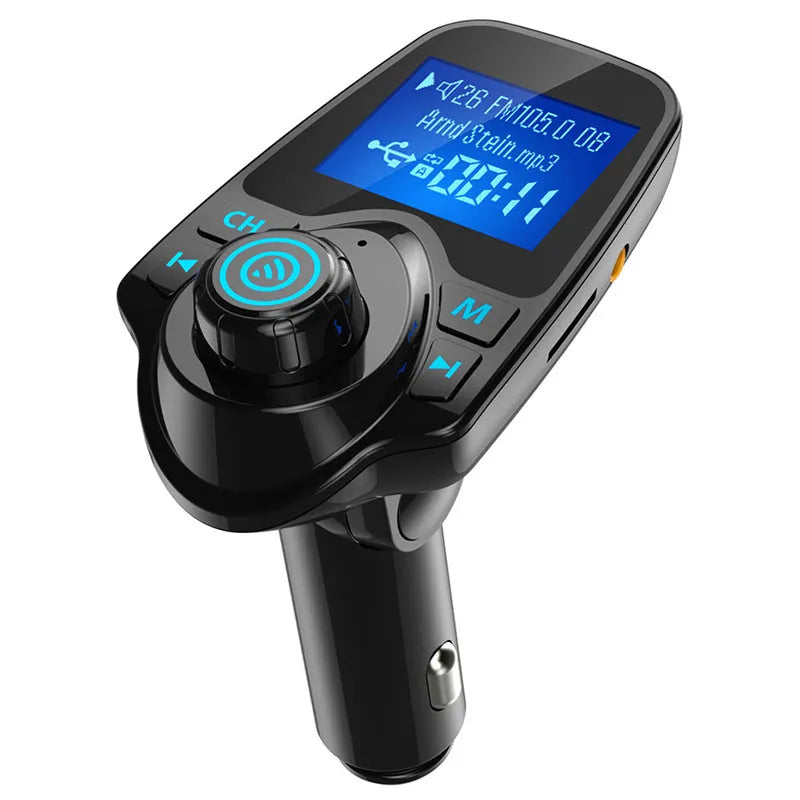 Black car Bluetooth FM transmitter hands-free device plugged into a 12V socket
