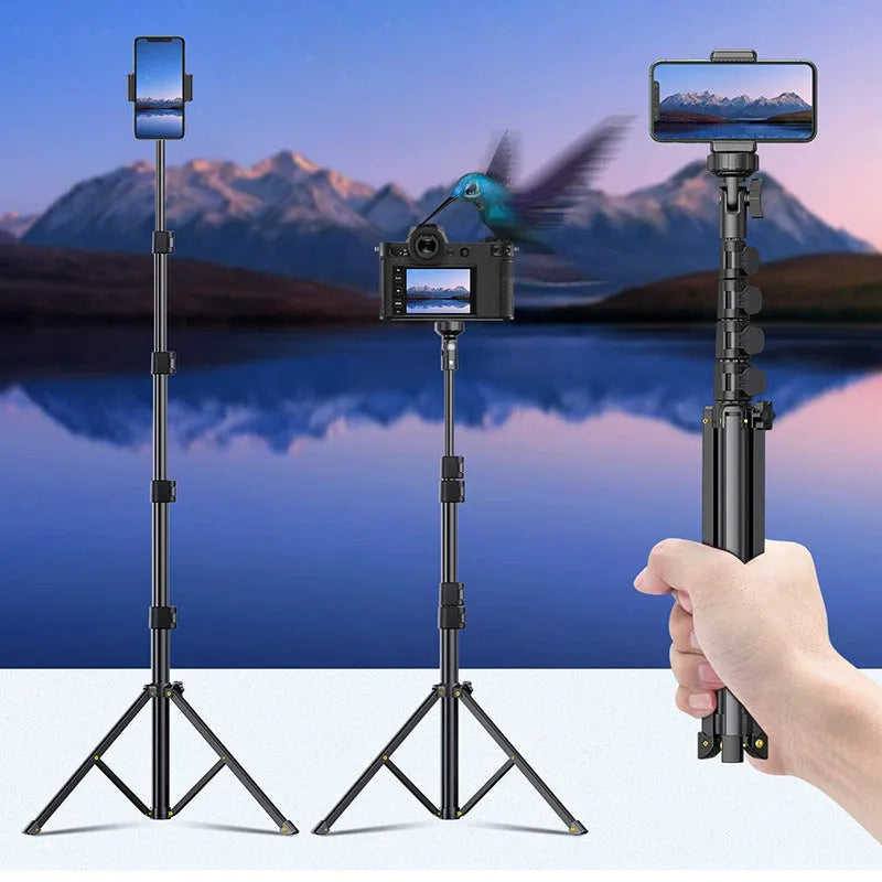 Black aluminium alloy selfie stick tripod with 5 sections collapsed to 45cm height with smartphone clamp