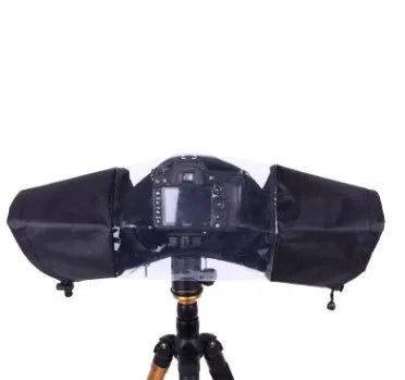 Single lens reflex camera rainproof cover with clear plastic window and zipper closure