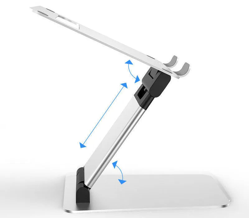 Silver folding double-arm laptop stand for 17-inch notebooks with aluminium alloy construction