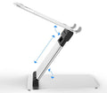 Silver folding double-arm laptop stand for 17-inch notebooks with aluminium alloy construction