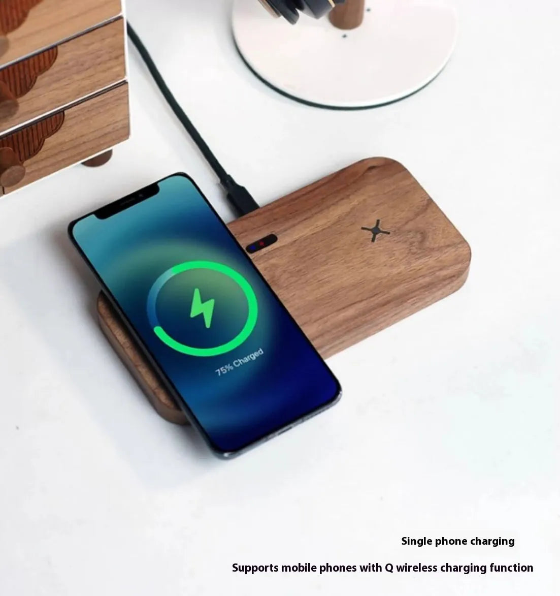 Walnut flat wireless charger dual charge pad for phone and earphone with foreign object detection