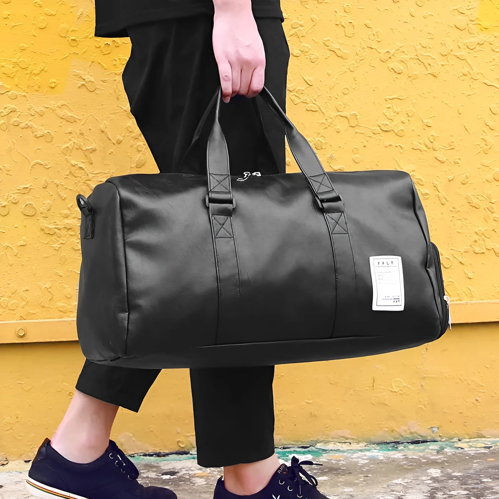 Black waterproof unisex sports fitness bag with diagonal straps and separate shoe compartments
