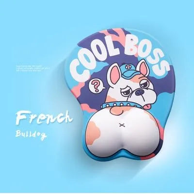 Blue corgi design 3D ergonomic mouse pad with raised wrist support cushion on a desktop.