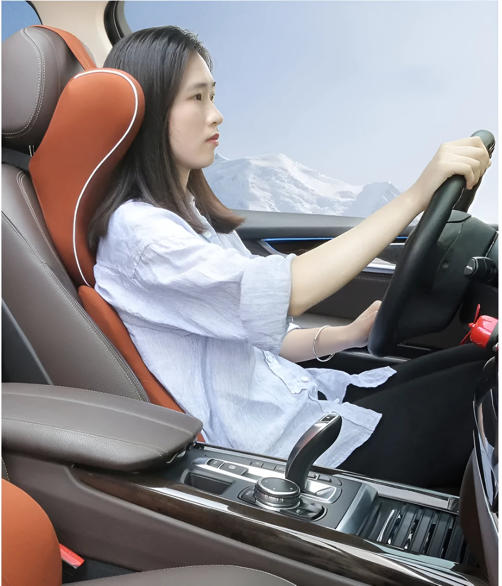 Grey car headrest and lumbar support memory foam cushion set with breathable fabric cover