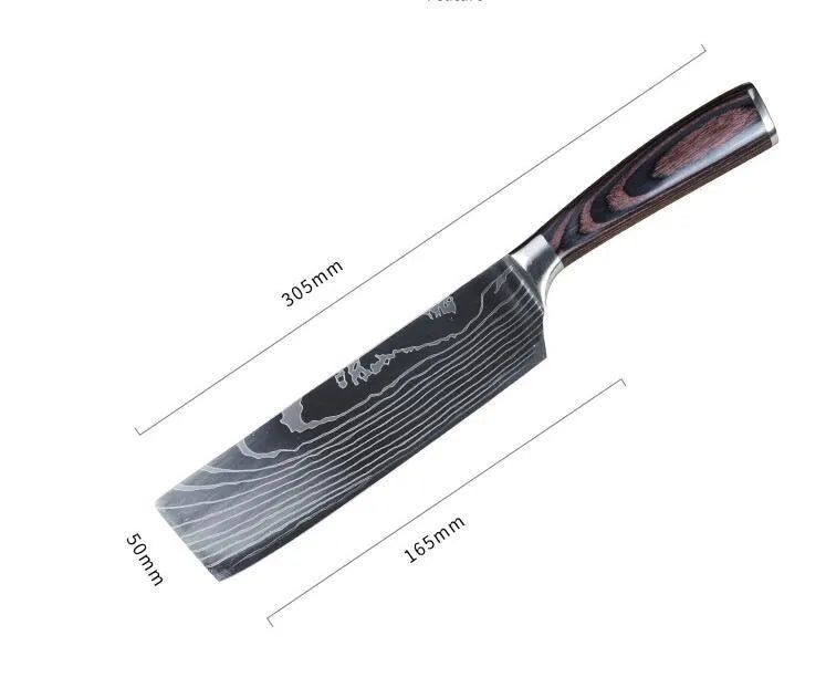 7Cr17 stainless steel kitchen knife with laser Damascus pattern on blade and colour steel handle.