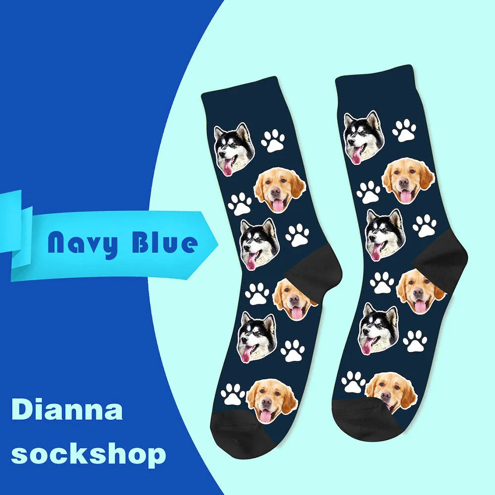 Custom personalised photo socks with mid-calf length and printed designs on polyester fabric