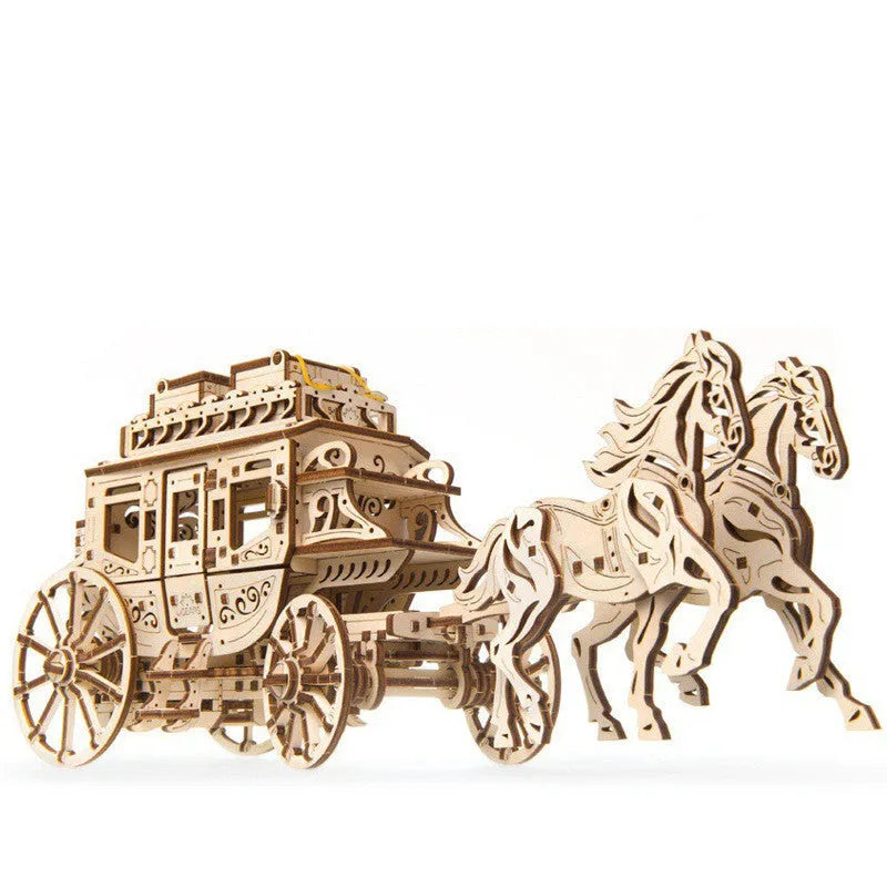 Wooden gear block mechanical transmission model in Stagecoach colour style assembled on a table