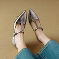 Women's gun colour sheepskin leather Mary Jane pumps with a round toe and chunky heel.