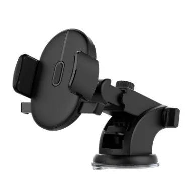 Yellow and black telescopic car phone holder with suction cup mount extended on a dashboard.