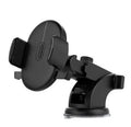 Yellow and black telescopic car phone holder with suction cup mount extended on a dashboard.