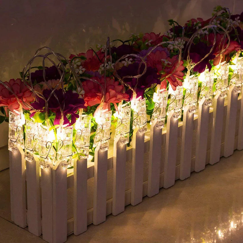 LED photo holder string lights with clips, 160cm/300cm, warm white or colourful bulbs, battery powered