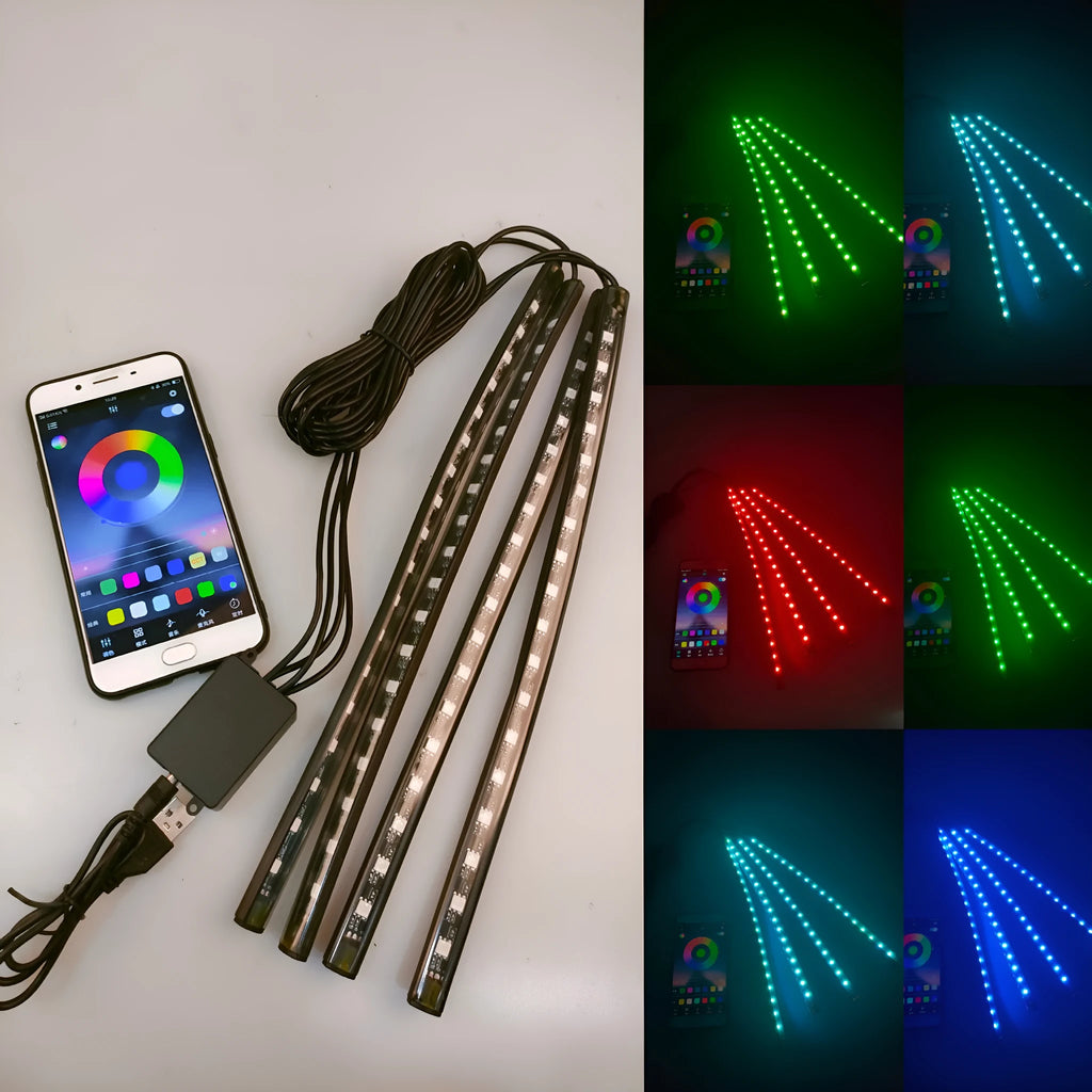 Car footwell LED atmosphere lighting strips with smartphone APP control showing eight colour options