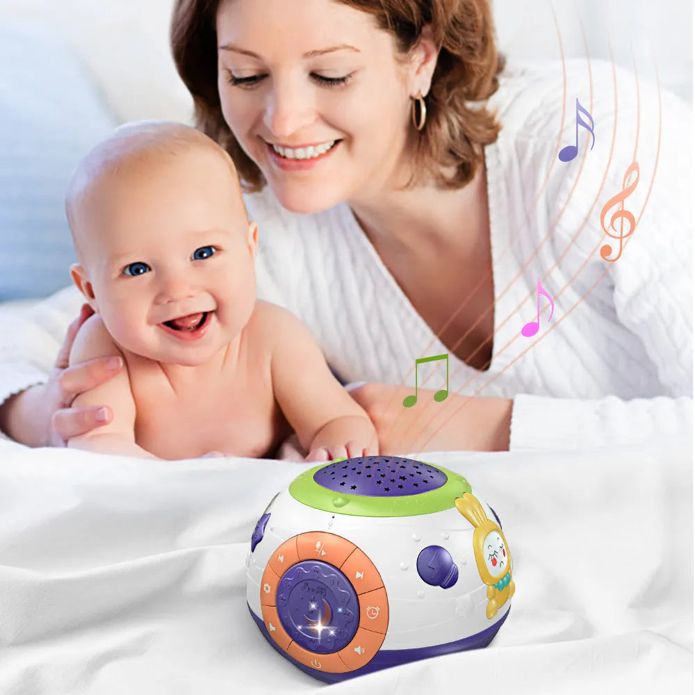 White starry sky night light projector for children showing control button and projection pattern
