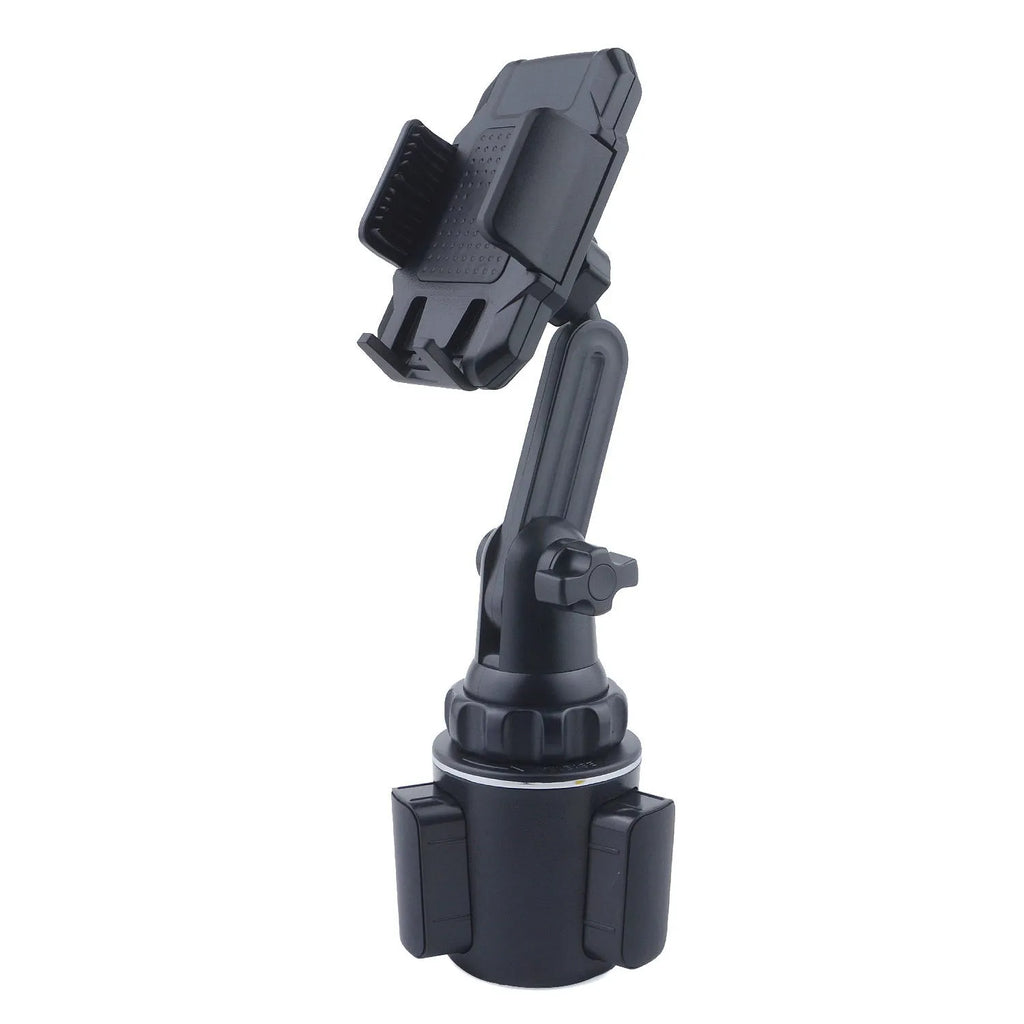Black ABS car cup holder mobile phone holder with 360° rotation and adjustable height, fitted with foam padding.